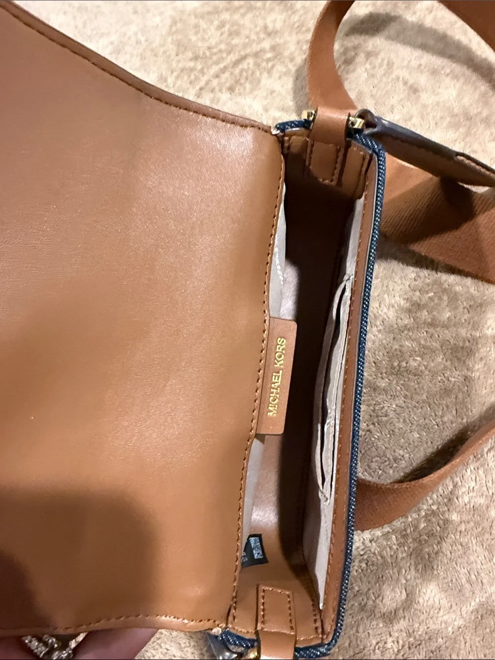 Michael Kors Blue Denim Crossbody with Brown Trim